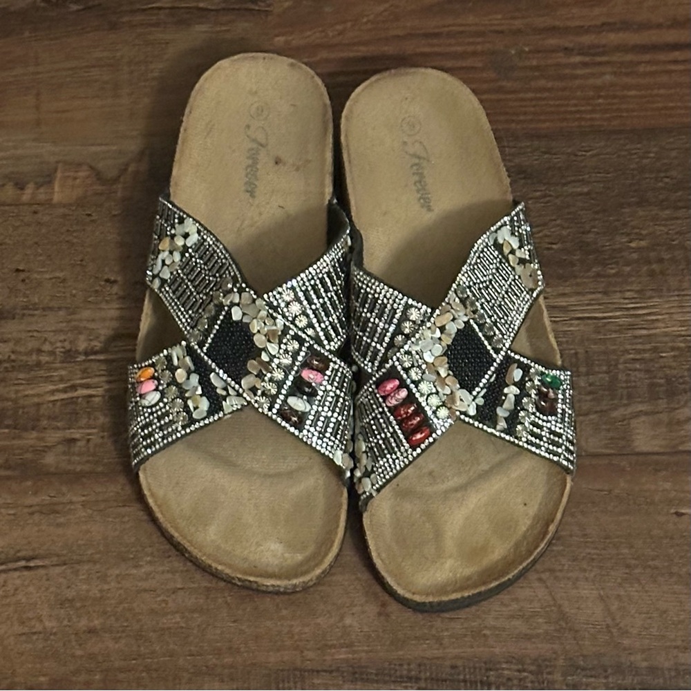Beaded strap slide on sandals